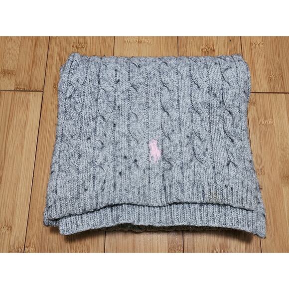 VTG Polo Ralph Lauren Cotton/Wool Cable Knit Scarf Gray Pink Pony Winter Soft - Picture 1 of 7